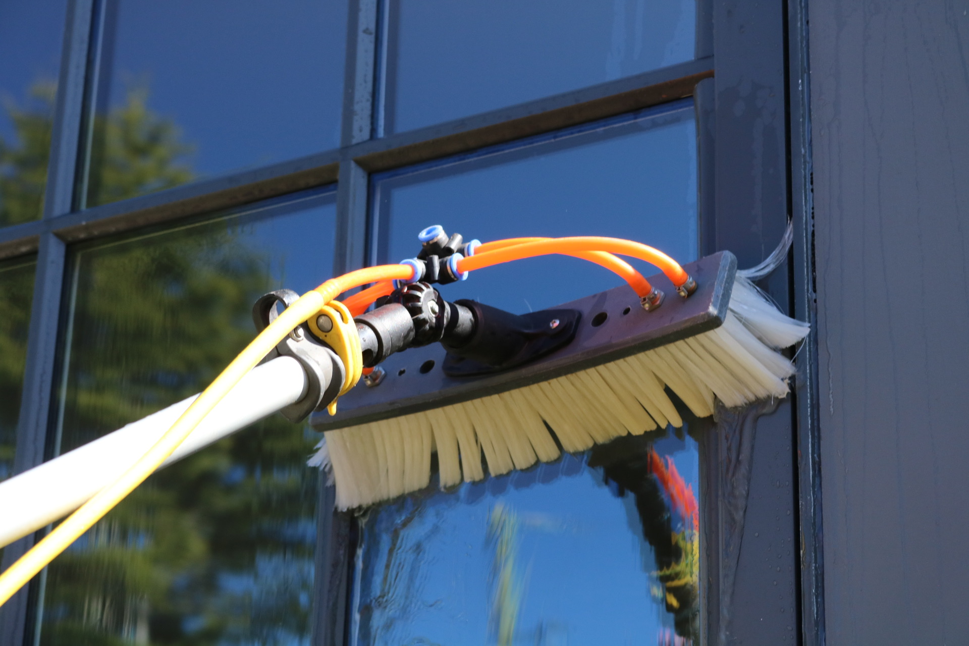 Close-up of a pure water-fed pole brush cleaning residential window glass for an eco-friendly, spotless shine.